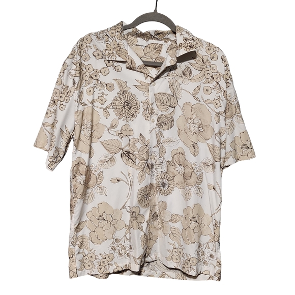 ABERCROMBIE & FITCH Button Down Shirt Mens Large Beige Floral Coastal Tropical - Picture 2 of 7